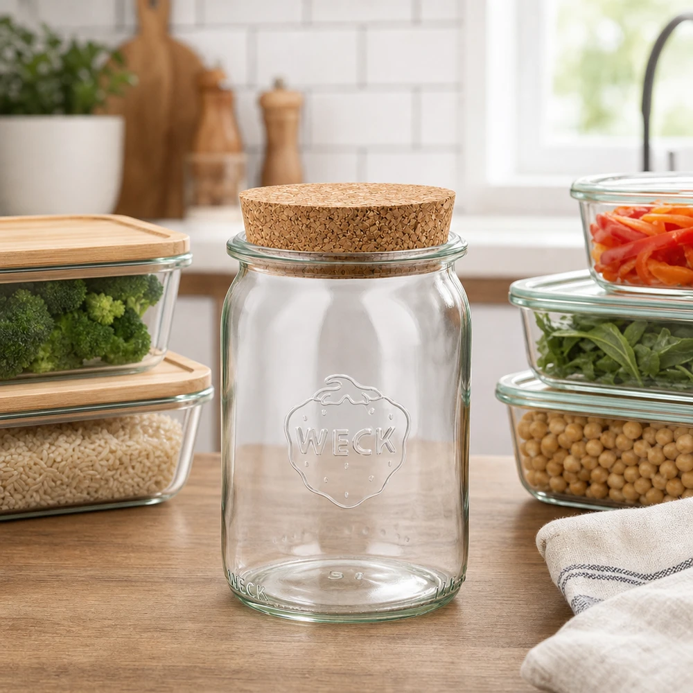 Barattolo cilindrico da 145 ml WECK RR40 con tappo in sughero naturale Barattolo cilindrico WECK 145ml RR40 con coperchio in sughero in una cucina moderna circondata da contenitori in vetro con verdure e legumi