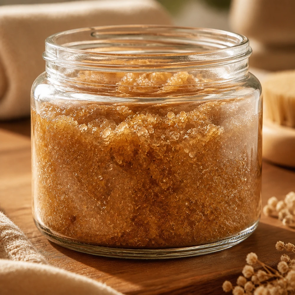 Vasetto per unguenti 250ml trasparente riempito di scrub esfoliante marrone dorato su base di legno applicazione di cosmetici naturali