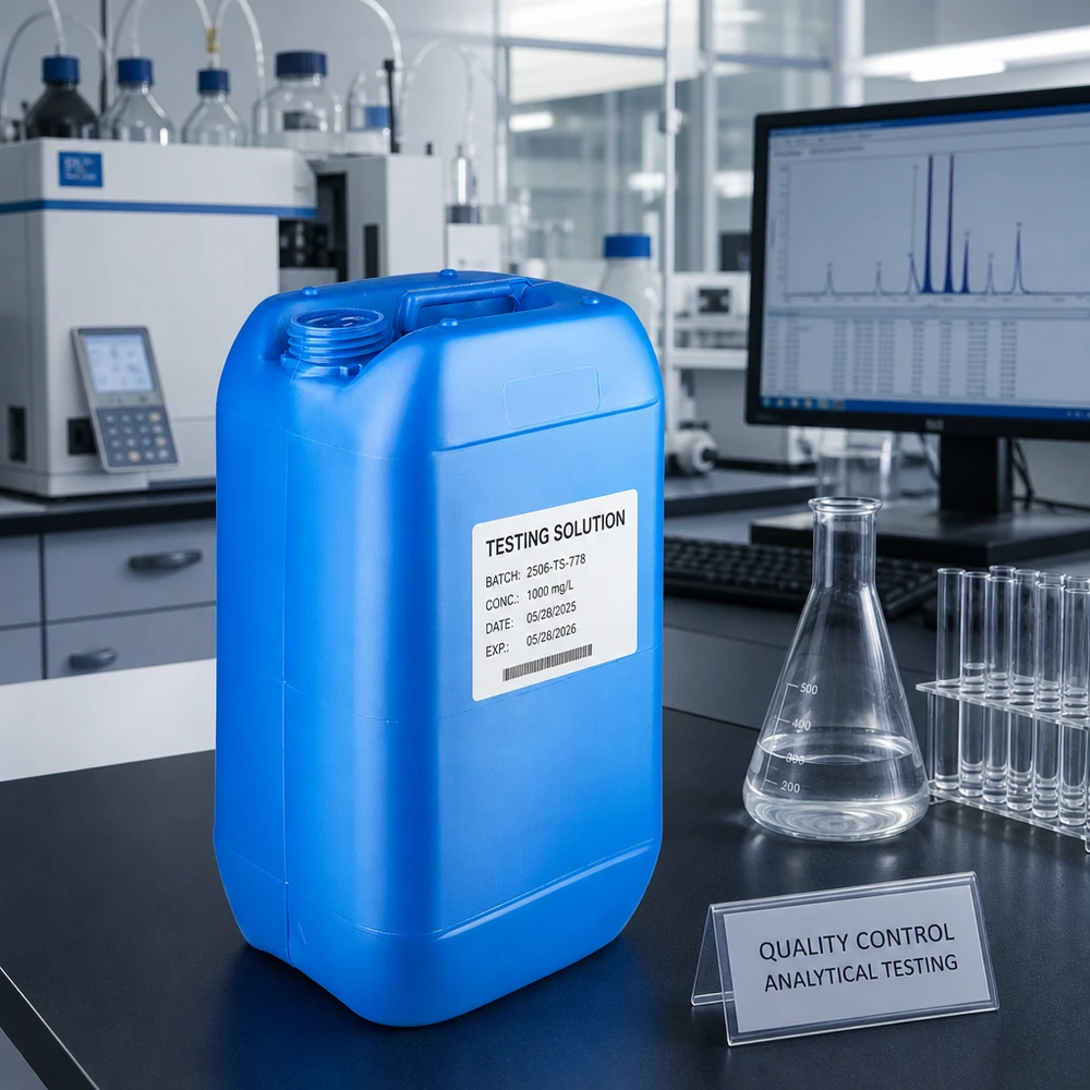 Tanica 15 litri blu senza tappo Tanica da 15 litri blu senza tappo nel laboratorio di controllo qualità per soluzioni di prova analitiche