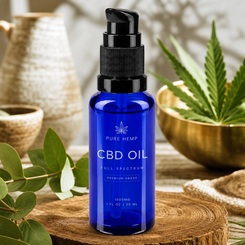 Flacone in vetro da 30 ml blu scuro con dosatore a pompa nero, appoggiato su un disco di legno con decorazioni naturali