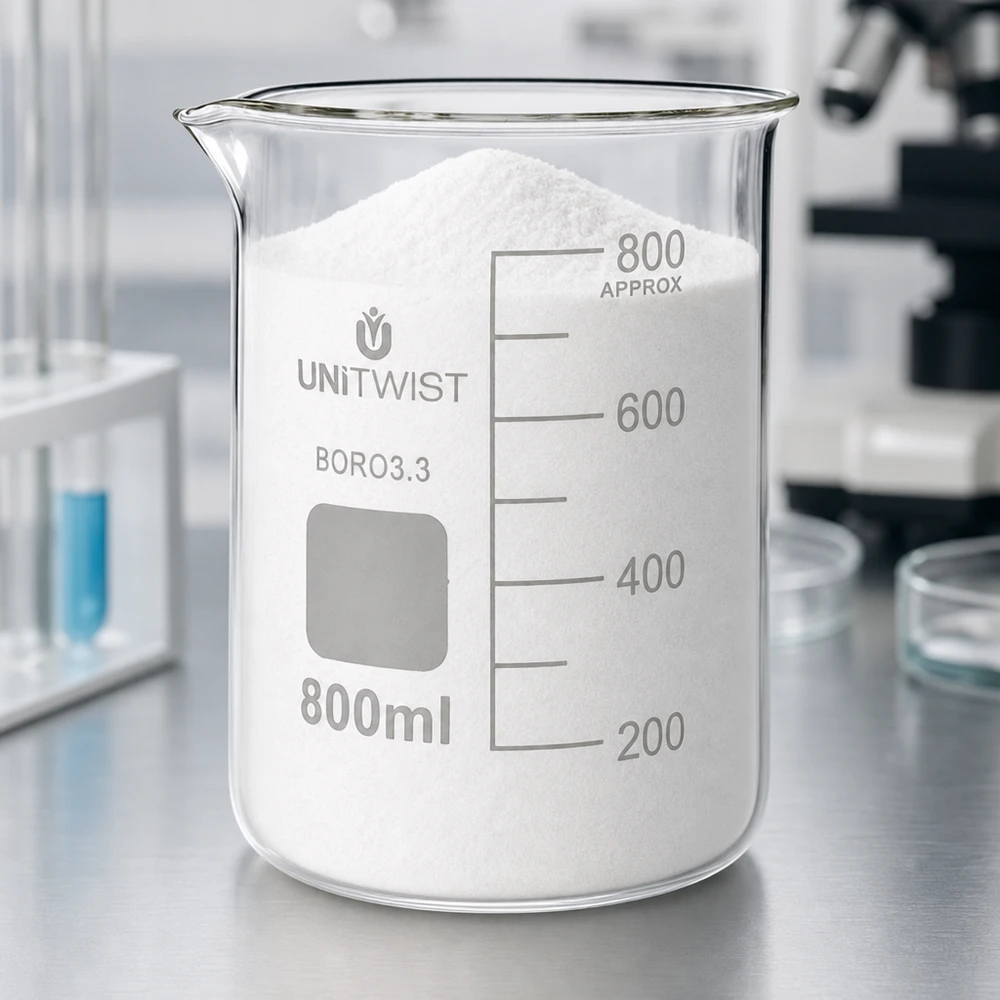 Bicchiere da laboratorio UNiTWIST da 800 ml in borosilicato, di forma bassa, riempito con polvere bianca