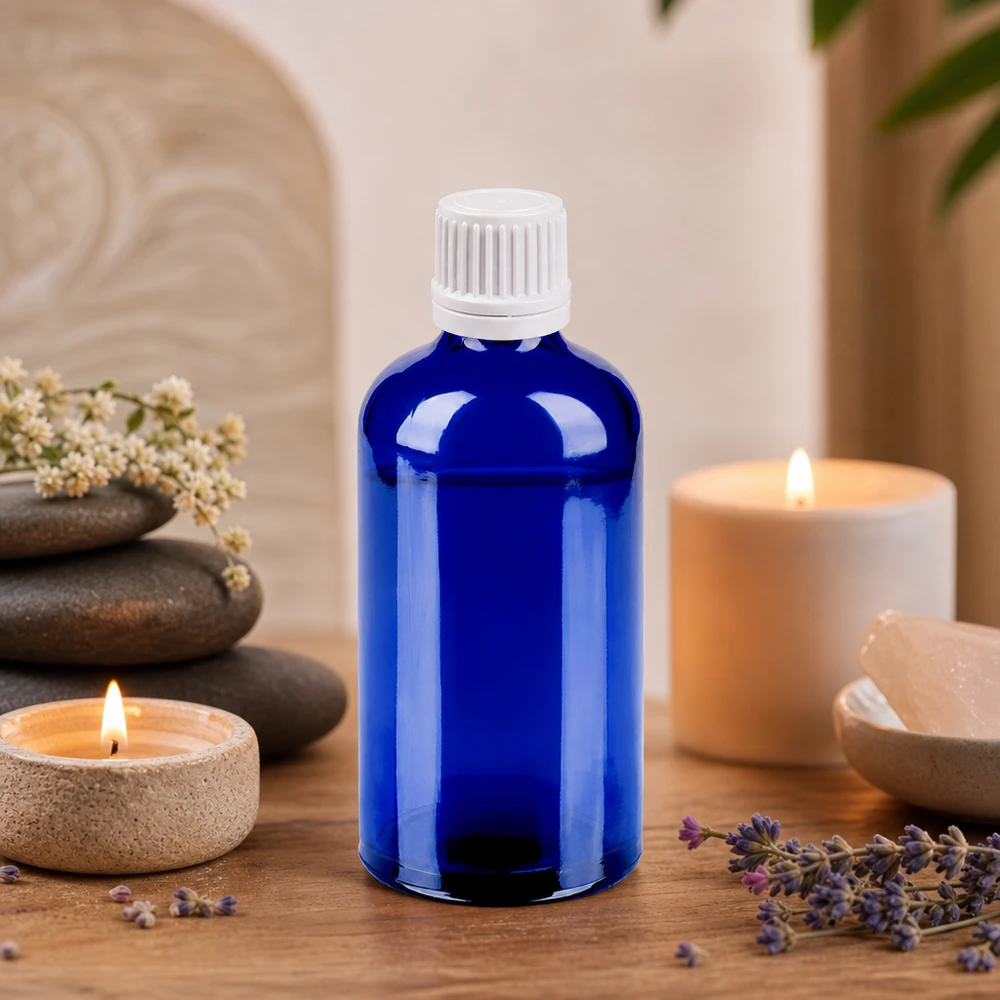 Bottiglia da 100ml 11mm SV bianco OV BlueLine UT18/100 Flacone compatto da 100 ml in elegante blu con tappo a vite ergonomico bianco per uso domestico