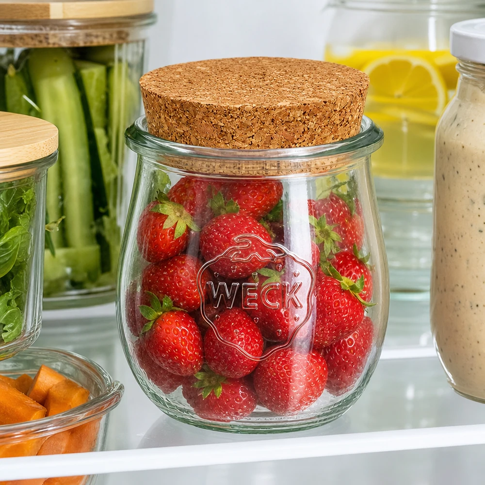 Vaso per tulipani da 220 ml WECK RR60 con tappo in sughero naturale WECK vaso a tulipano da 220 ml con coperchio in sughero per conservare le fragole fresche in frigorifero tra gli altri vasi di conservazione