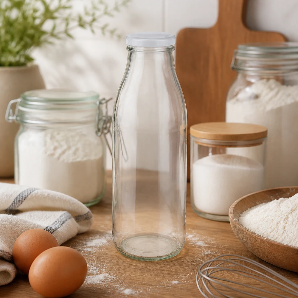Bottiglia di vetro da 500 ml + coperchio BasicSeal bianco UN.. Bottiglia da 500 ml in vetro BasicSeal bianco in cucina con ingredienti da forno farina uova e utensili da cucina ambiente da forno
