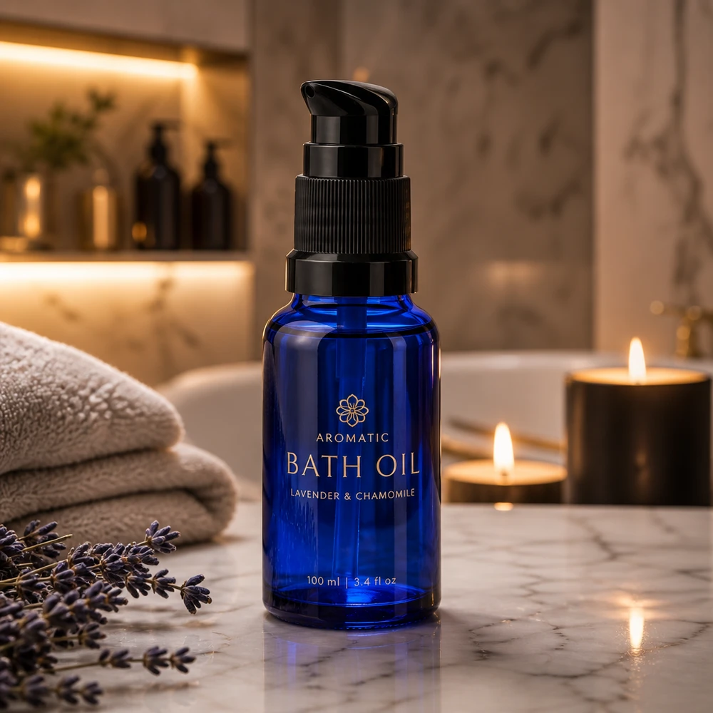 Bottiglia a pompa 10ml blu STD nero ApoGlas Flacone in vetro da farmacia blu da 10 ml con dosatore nero in un elegante ambiente da bagno