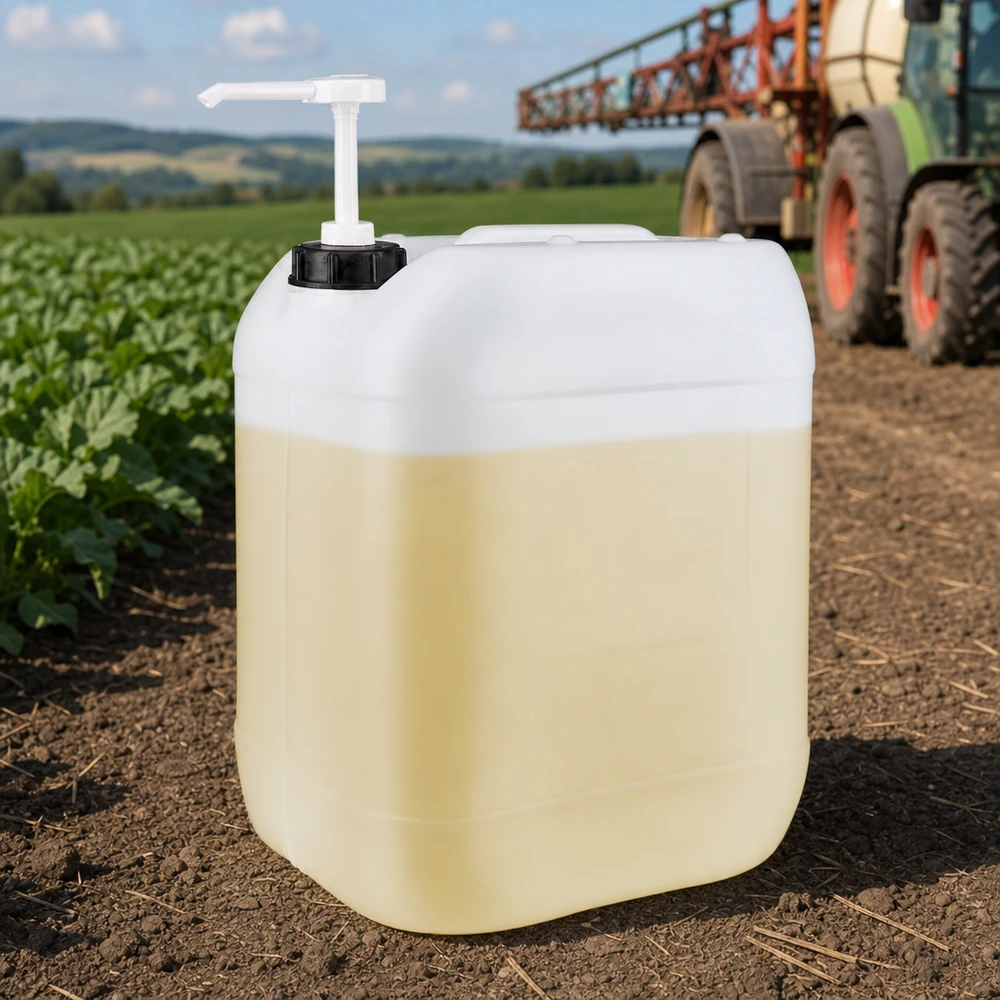 Tanica agricola da 20 litri con pompa dosatrice in un campo coltivato, davanti a un trattore con irroratrice