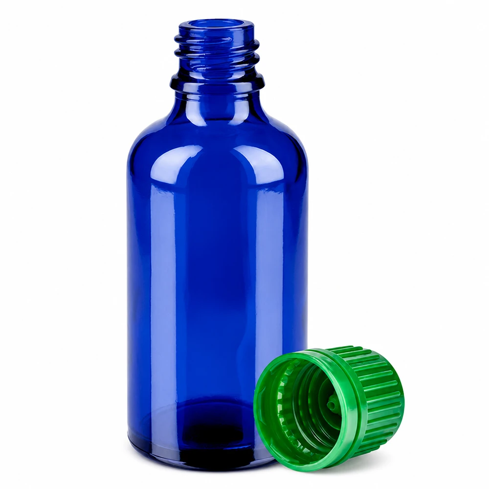 Bottiglia da 50ml 11mm SV verde OV BlueLine UT18/50 Flacone da farmacista da 50 ml in blu cobalto con chiusura verde antimanomissione per medicinali
