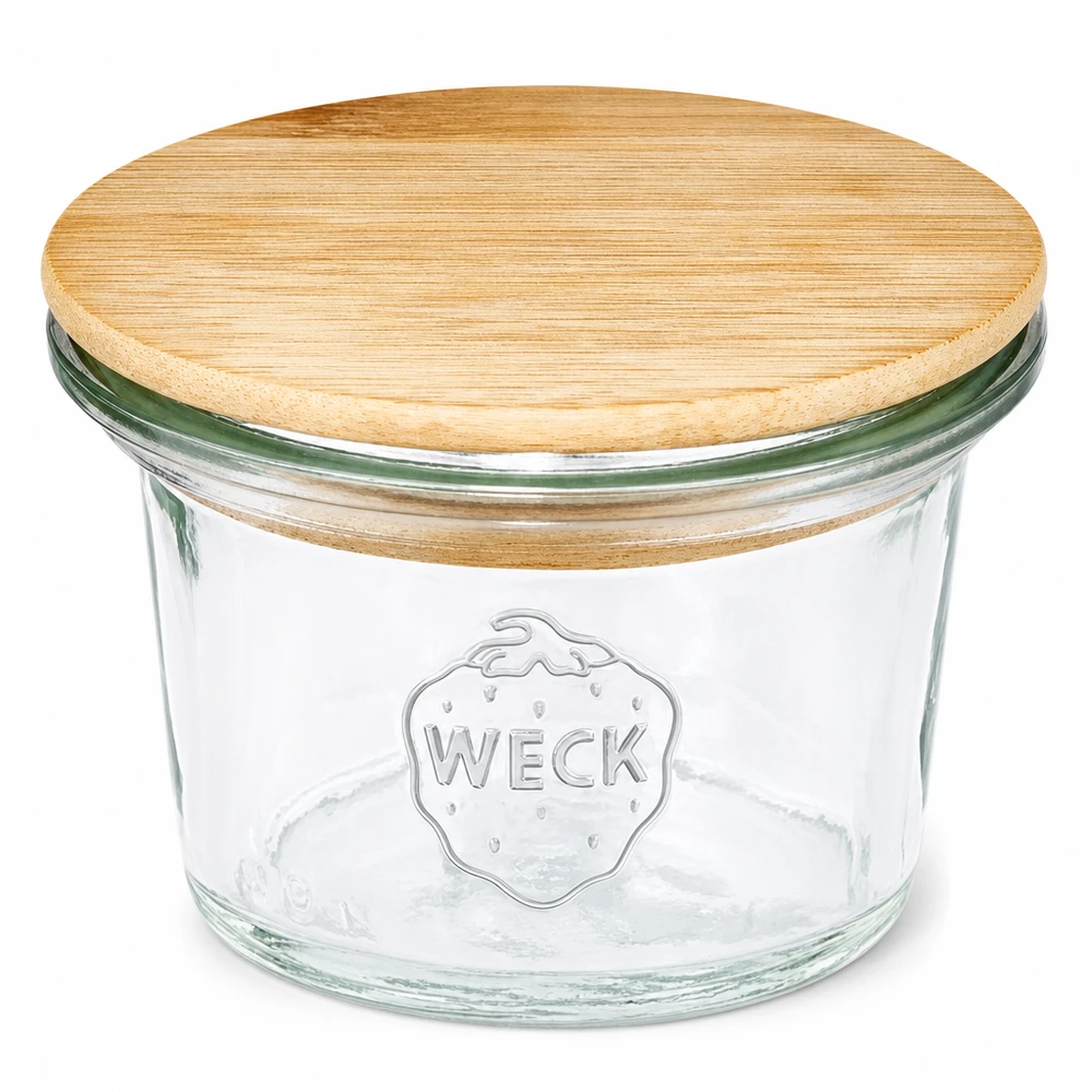 Mini tumbler WECK RR40 da 35 ml con coperchio in legno WECK 35ml RR40 mason jar con coperchio in legno di bambù Mini mason jar trasparente con logo WECK