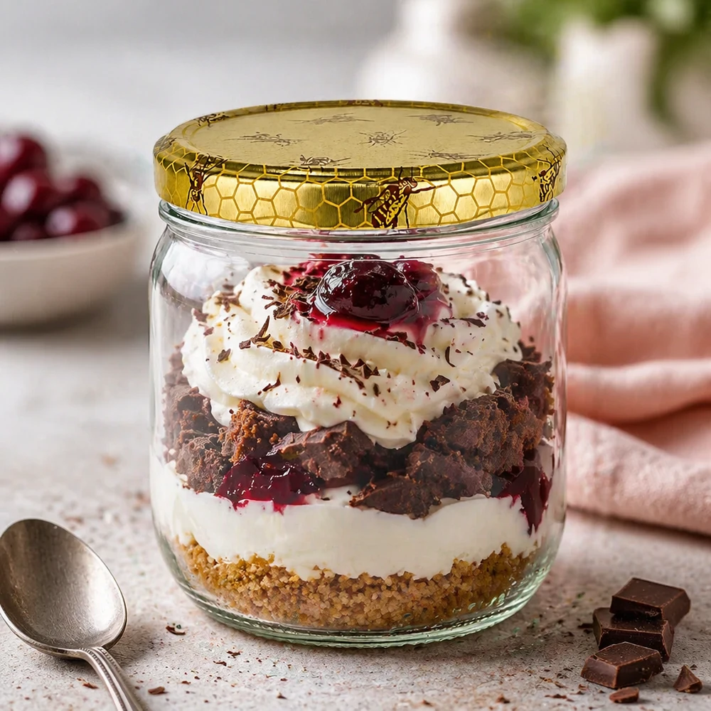 Vasetto per miele da 500 g con capsula con motivo a favo BasicSeal UNiTWIST Vasetto di miele da 500 g come vasetto da dessert per trifle al cioccolato e ciliegie con crema e coperchio a nido d'ape dorato