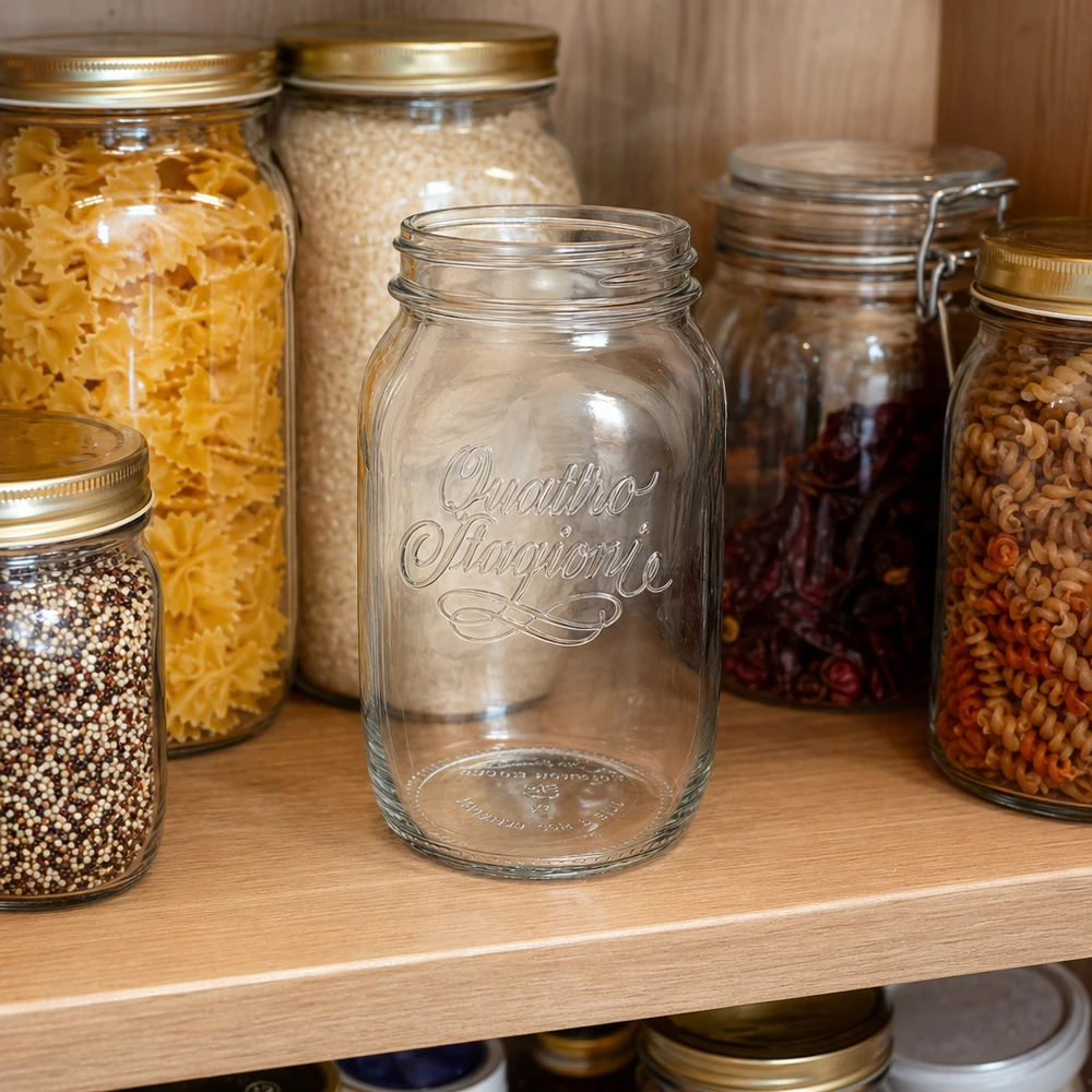Vaso domestico "Quattro Stagioni" da 1000 ml Barattolo da 1000 ml Quattro Stagioni vuoto davanti ai barattoli pieni di pasta e cereali nella credenza della cucina.