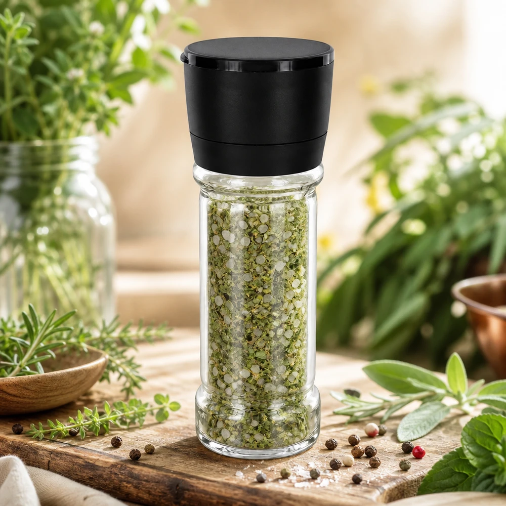 Barattolo di sale alle erbe da 100 ml con macinino Vario nero, riempito con erbe aromatiche, su tagliere di legno