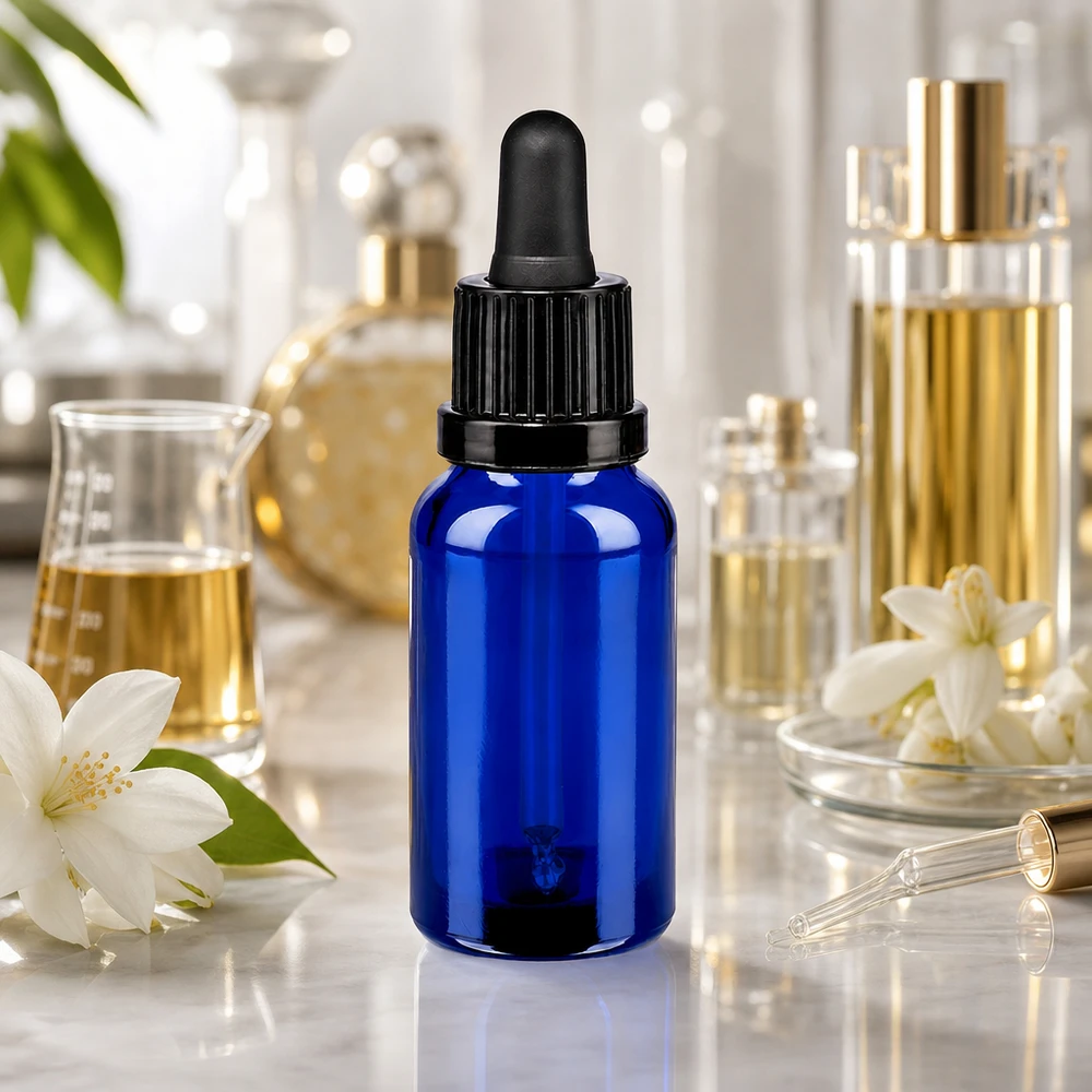 Flacone per pipette da 20 ml nero OV BlueLine UT18/20 Bottiglia in vetro da 20 ml serie BlueLine - protezione UV attraverso il vetro blu con pipetta ergonomica nera