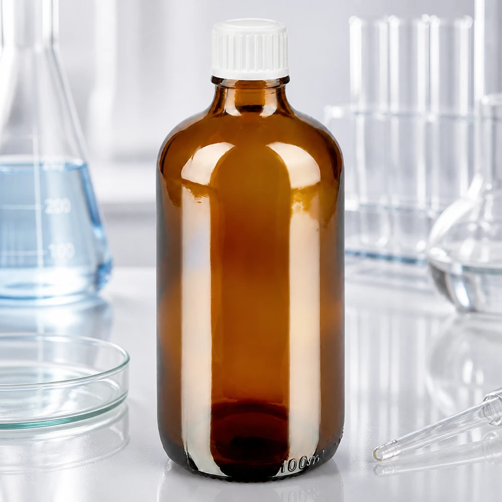 Flacone da farmacia da 100 ml in vetro ambrato con tappo bianco STD e beccuccio di precisione da 0,9 mm