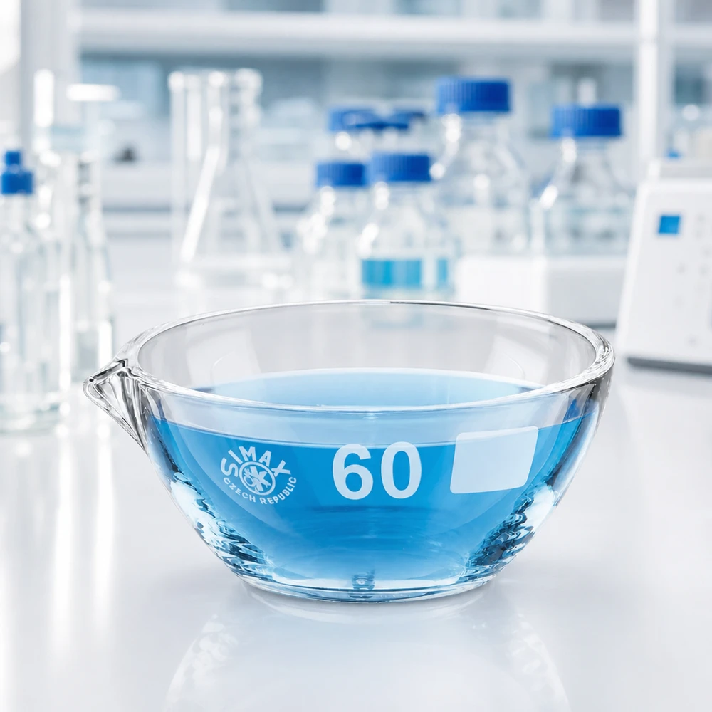 Piatto di evaporazione da 45ml con beccuccio in borosilicato ø60mm Versatile piatto di evaporazione in borosilicato da 45 ml con beccuccio ø60 mm per evaporazione e cristallizzazione