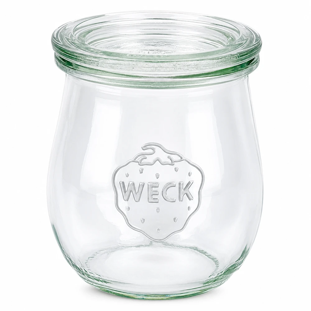 Barattolo a tulipano da 220 ml con coperchio in vetro WECK RR60 WECK vaso a tulipano 220ml con coperchio in vetro RR60 vaso da conserva trasparente vuoto su sfondo bianco