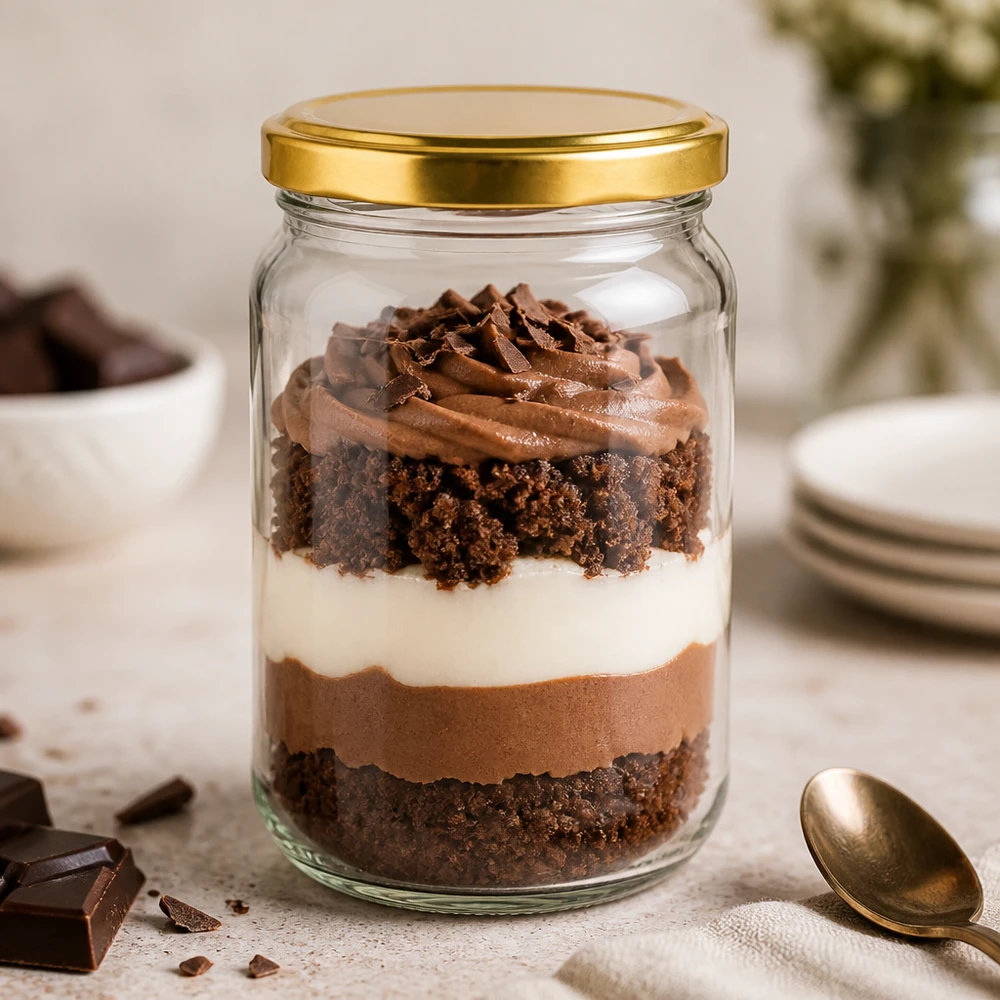 Barattolo rotondo da 305 ml con coperchio BasicSeal oro UNiTWIST Barattolo rotondo BasicSeal UNiTWIST oro da 305 ml con ripieno di cioccolato per dessert - barattolo di conservazione per dolci e trifles