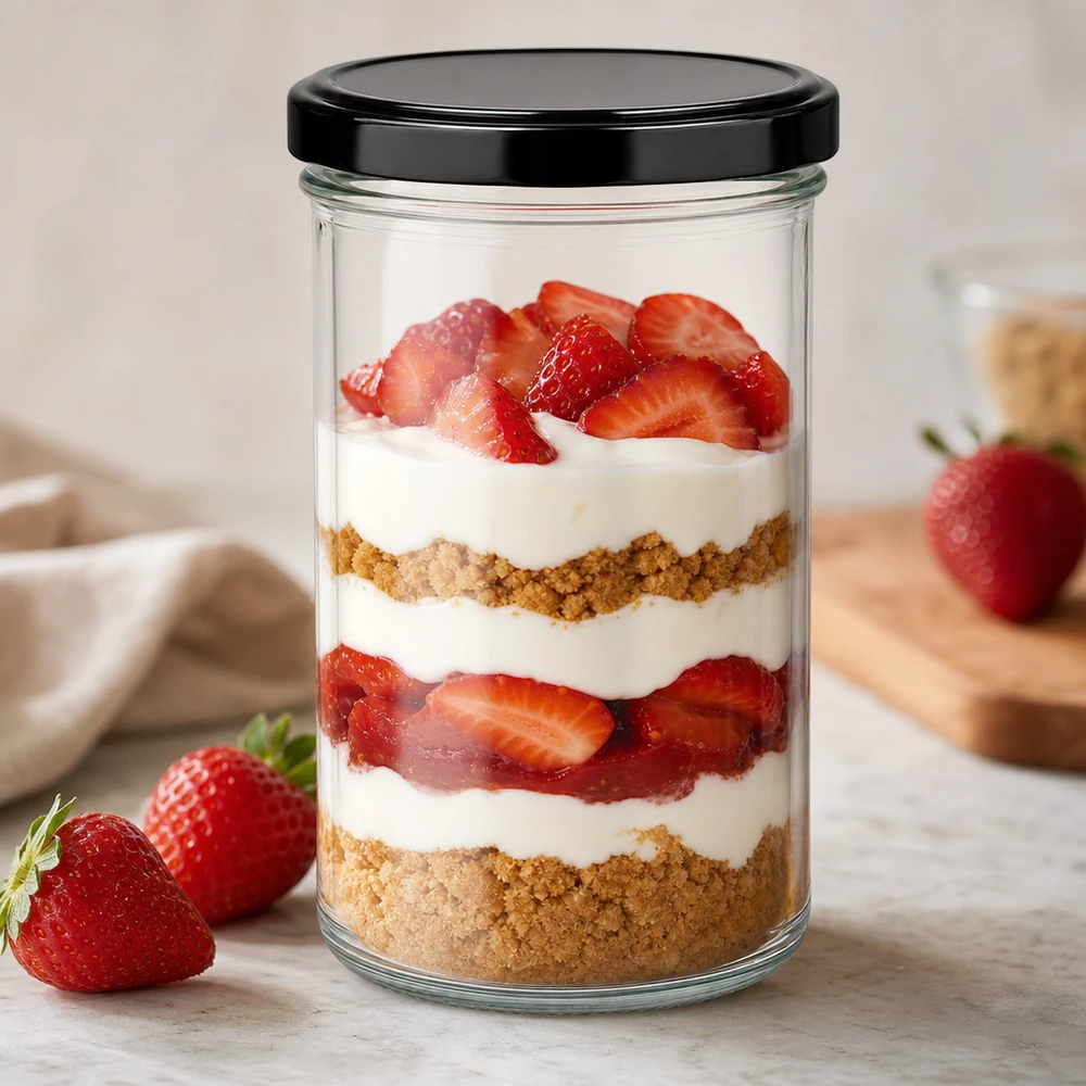 Bicchieri da 277 ml con coperchio BasicSeal nero UNiTWIST. Bicchieri da 277 ml come vasetto da dessert per il tiramisù alle fragole con coperchio BasicSeal dessert nero a strati in vasetto