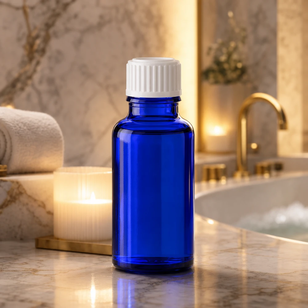 Flacone di vetro da 20 ml color blu cobalto con tappo bianco su fondo marmorizzato in un lussuoso bagno