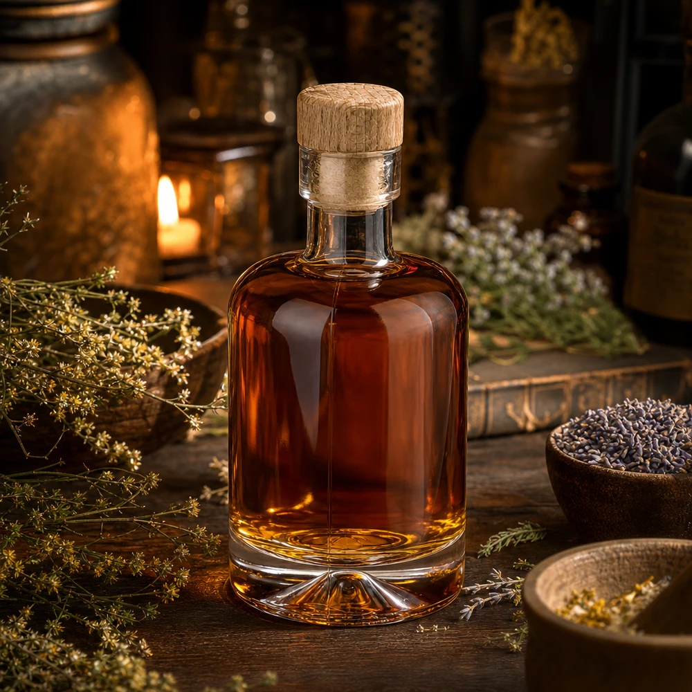 Bottiglia in vetro da 50 ml Amelie con tappo in sughero con impugnatura in legno UNiTWIST Bottiglia di vetro da 50 ml Amelie riempita di spirito ambrato tra erbe e spezie illuminato atmosfericamente