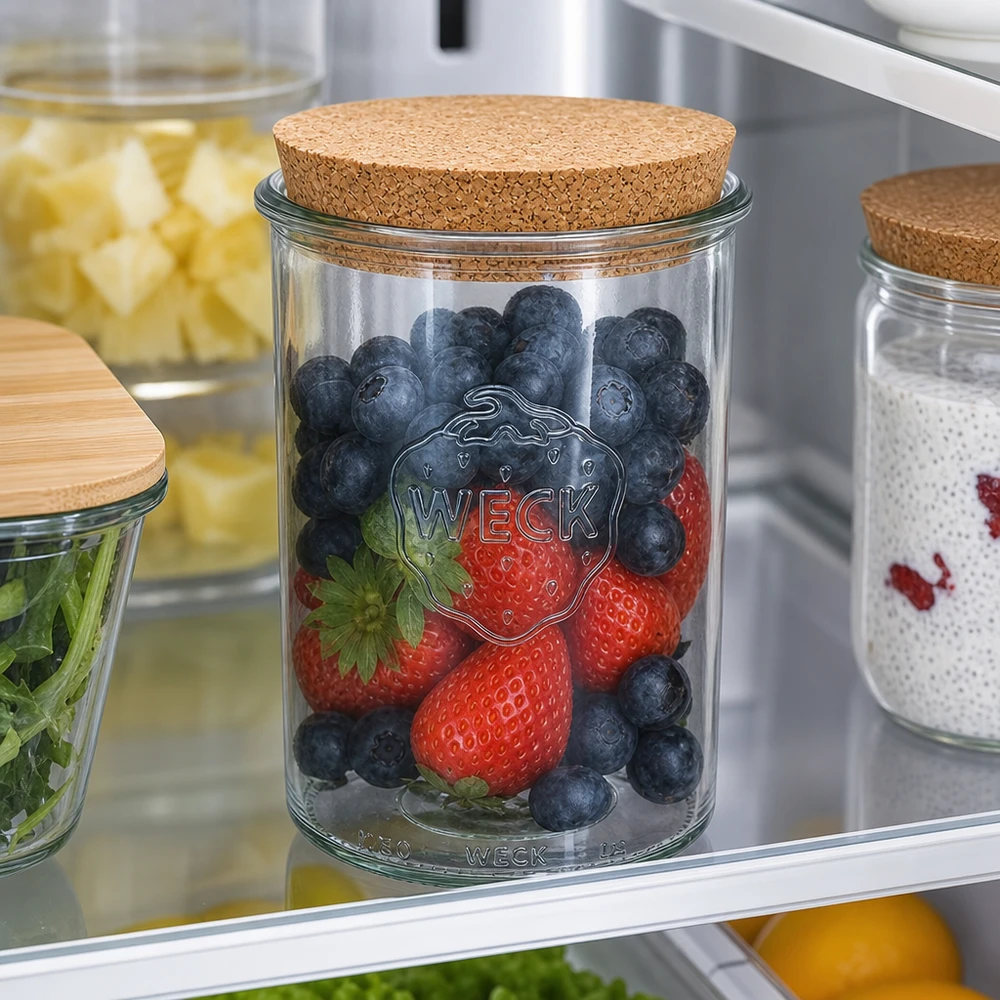 Bicchieri da 1000ml WECK RR100 con tappo in sughero naturale WECK Sturzglas 1000ml RR100 mit Korkdeckel im Kühlschrank gefüllt mit frischen Beeren stylische Aufbewahrung Vorratsglas