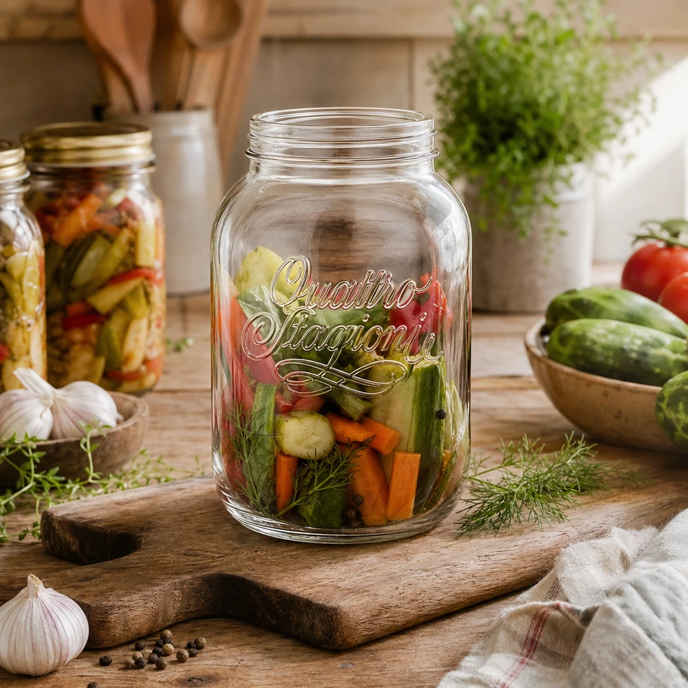 Barattolo da 3000 ml per conserve Quattro Stagioni con verdure sott'aceto su una tavola di legno in una cucina rustica