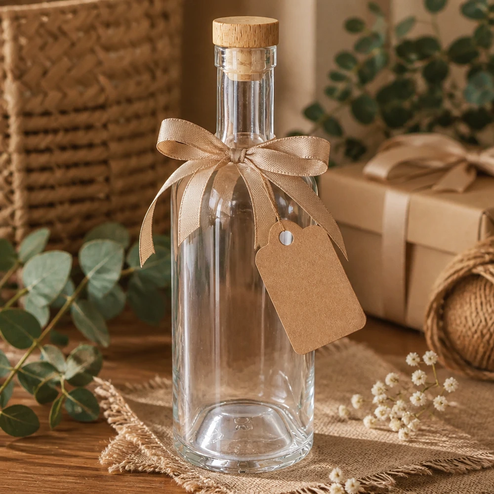 Bottiglia in vetro Emma da 750 ml in confezione regalo con fiocco ed etichetta beige in un contesto decorativo naturale