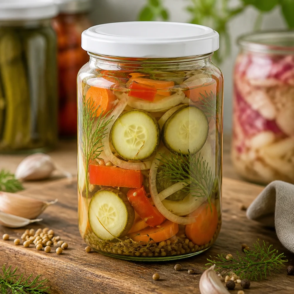 Barattolo rotondo da 795 ml con coperchio BasicSeal bianco UNiTWIST 795ml Rundglas gefüllt mit eingelegtem Gemüse zeigt praktische Verwendung für Konservierung und Meal Prep