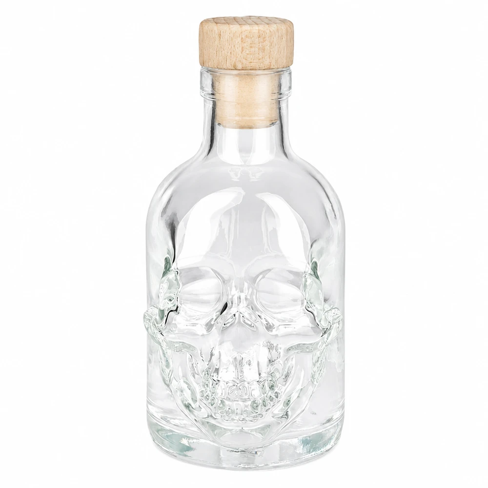 Bottiglia in vetro da 200 ml Jack con tappo in sughero con impugnatura in legno UNiTWIST® Bottiglia di vetro Jack da 200 ml con disegno di teschio e tappo in legno, bottiglia per liquori vuota con tappo a vite