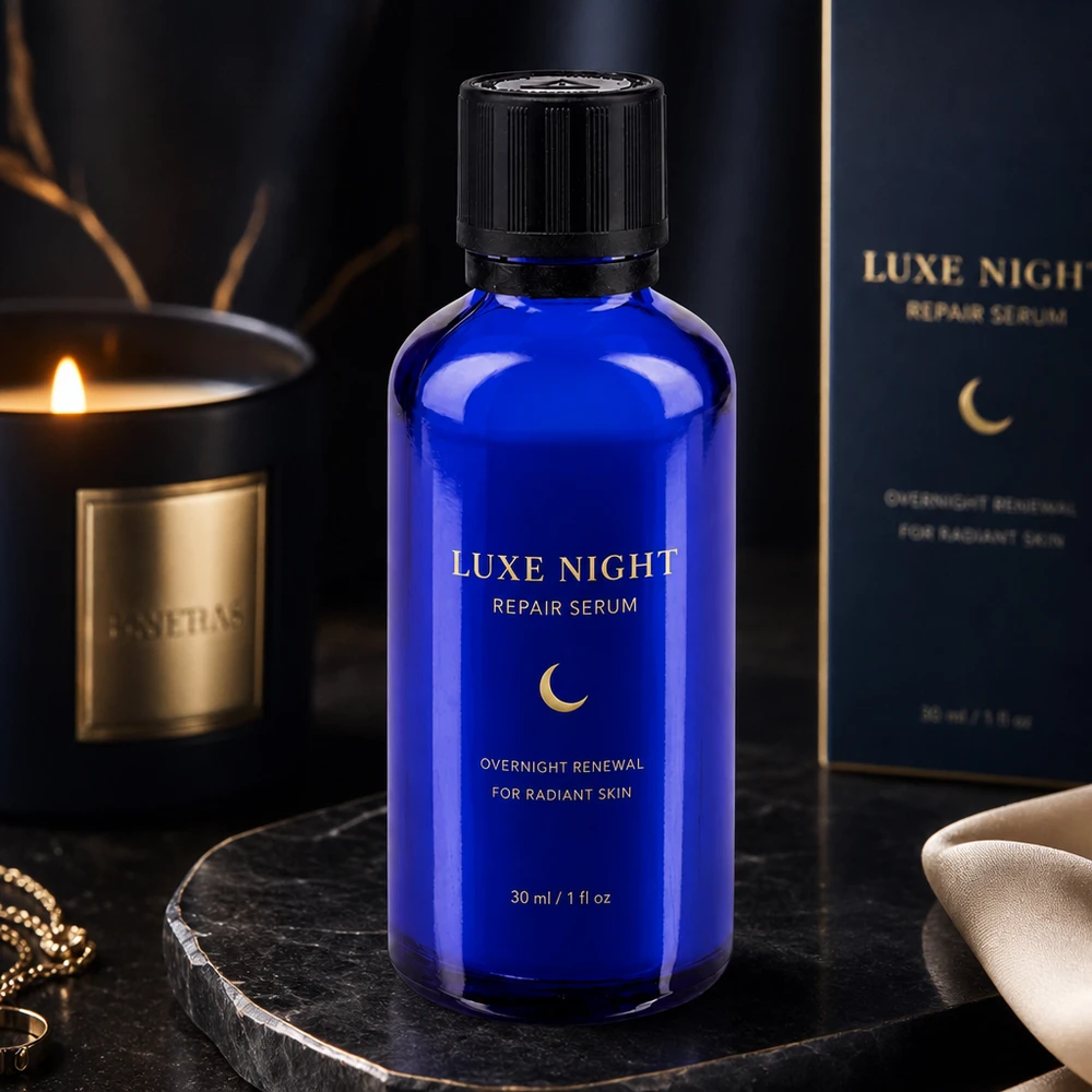 Flacone di vetro blu da 50 ml con tappo a vite nero, su uno sfondo lussuoso e scuro con candela e confezione regalo