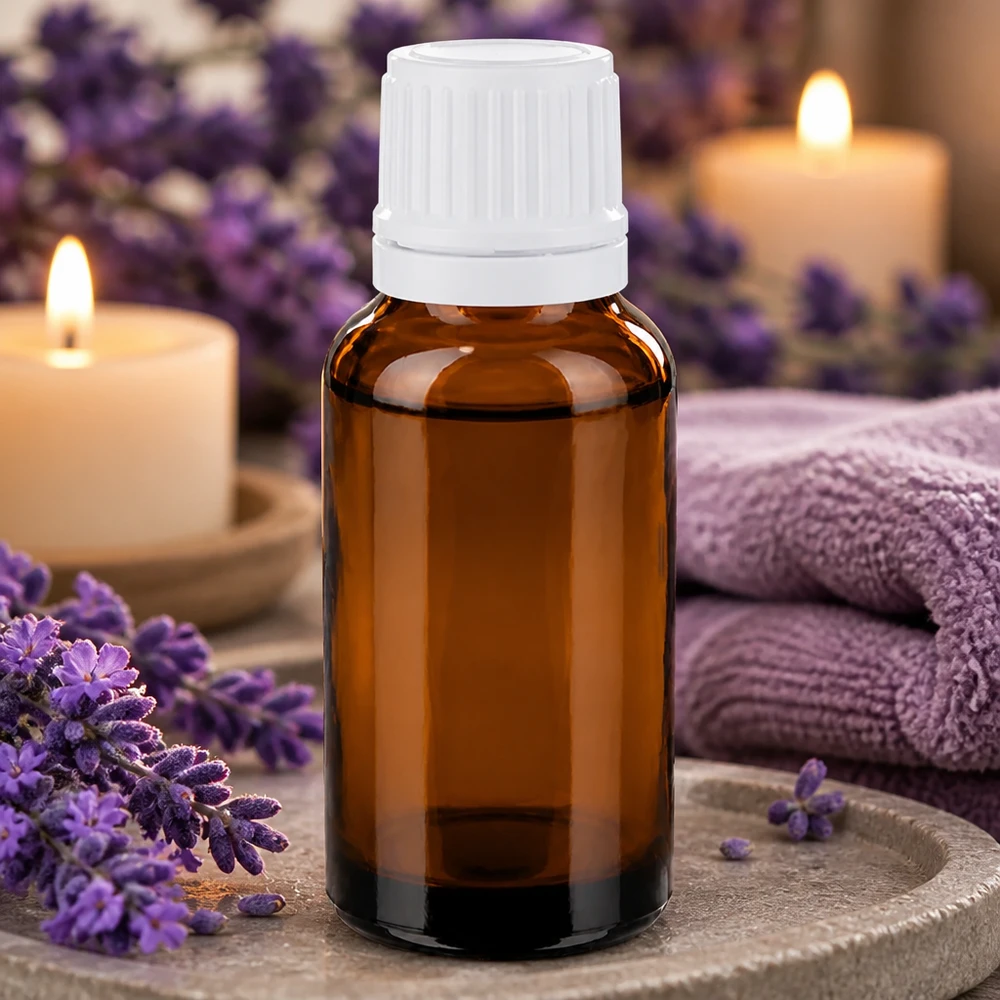 Piccolo flacone contagocce in vetro ambrato da 20 ml con tappo di sicurezza bianco per oli essenziali