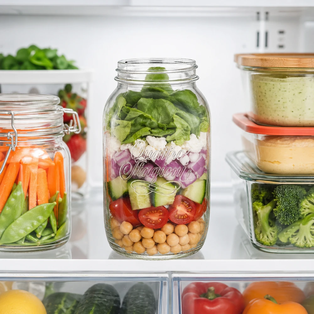 Barattolo casalingo Quattro Stagioni da 1500 ml riempito di insalata a strati in frigorifero accanto ad altri barattoli con verdure