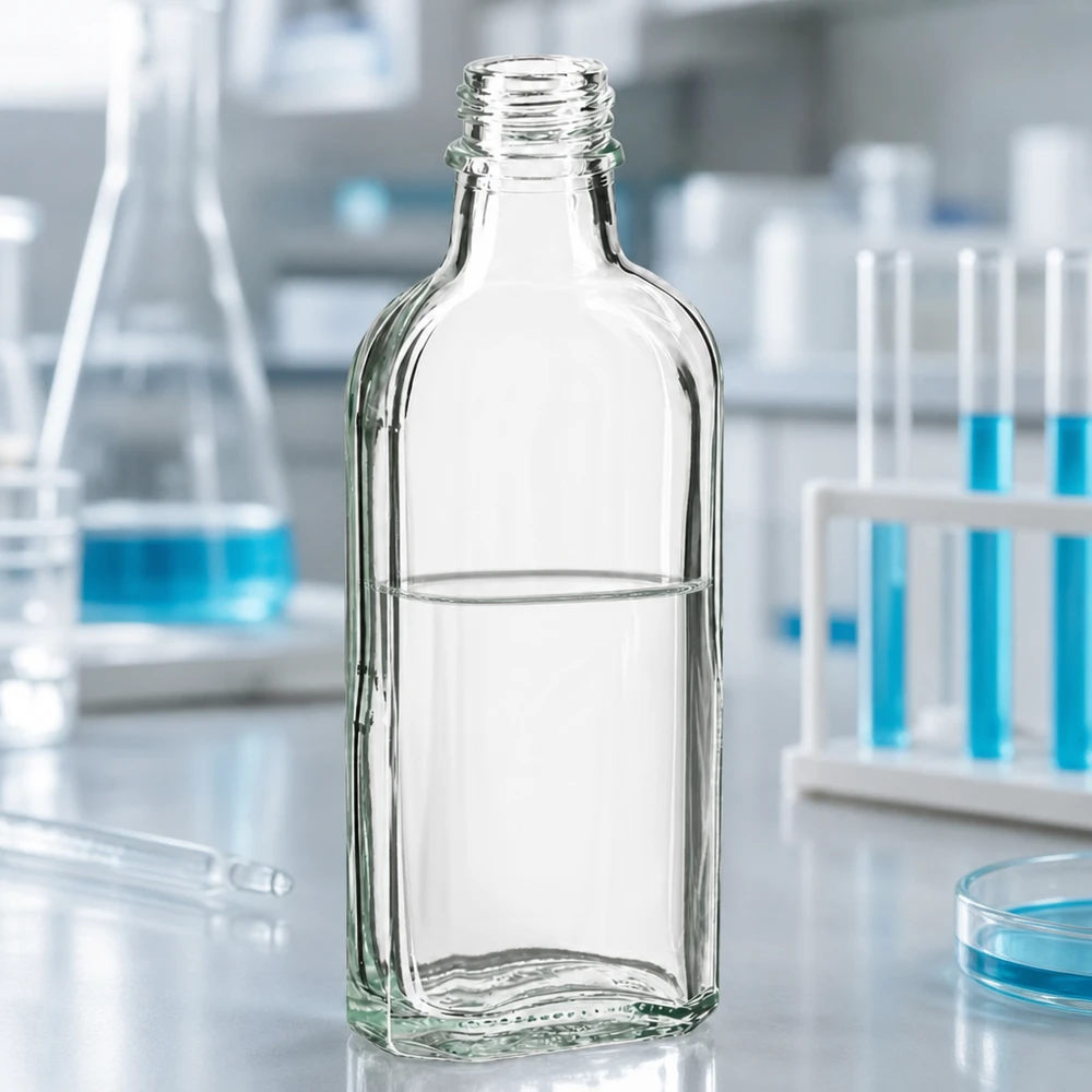 Flacone Meplat da 100 ml trasparente, riempito, con filettatura DIN 22, su un piano da laboratorio bianco