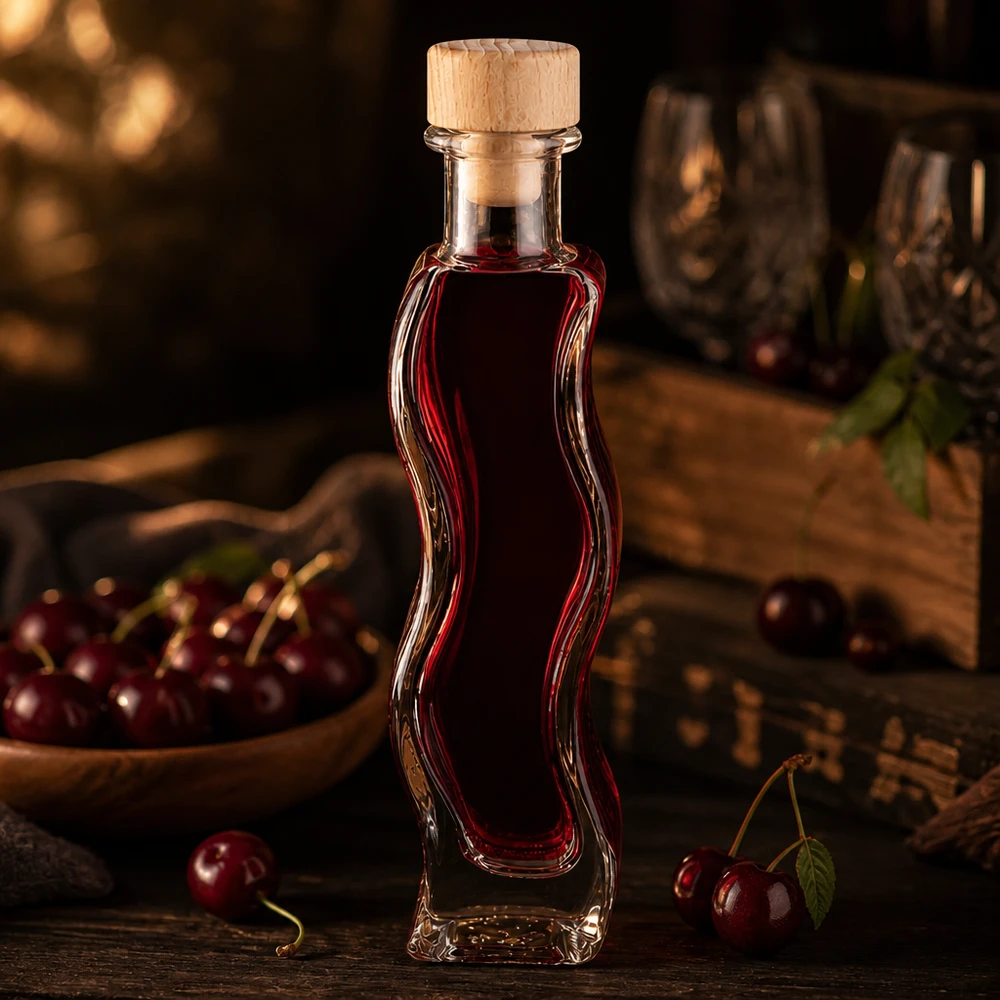 Flacone in vetro da 100 ml Melissa con tappo in sughero con impugnatura in legno UNiTWIST® Bottiglia di vetro da 100 ml di Melissa riempita con liquore di ciliegie rosse tappo di legno ciliegie fresche cucina accogliente atmosferica