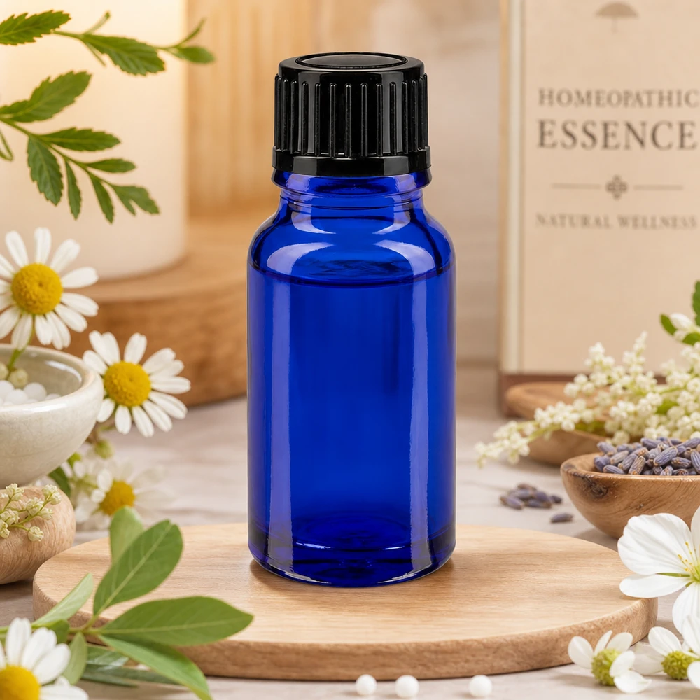 Essenze omeopatiche in flacone da 10 ml in vetro da farmacia blu con beccuccio da 1 mm