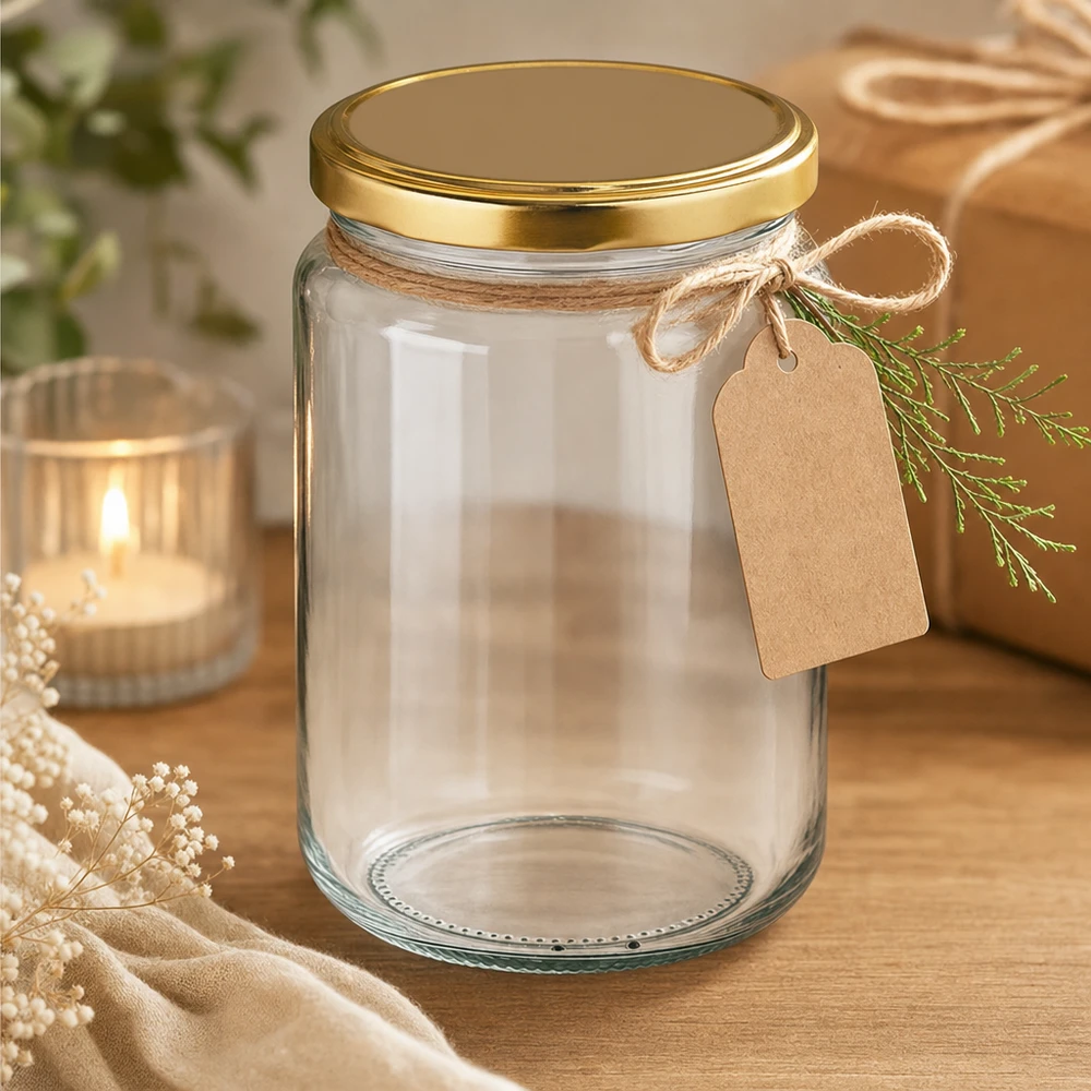 Vaso rotondo da 382 ml con coperchio UNiTWIST dorato, decorato con etichetta regalo e cordoncino di iuta.