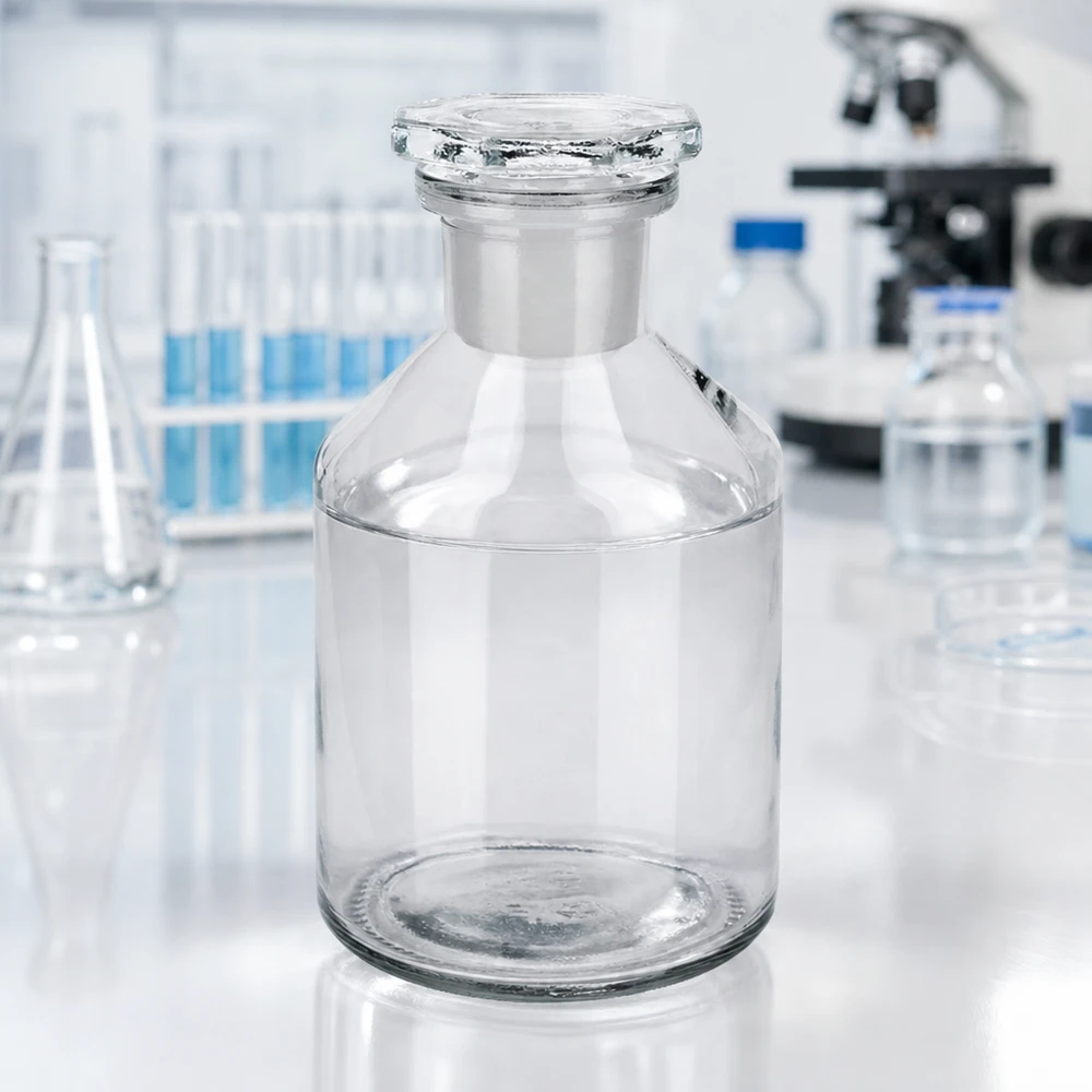 Fiala a fondo piatto da 50 ml, a collo stretto, trasparente, su un tavolo da laboratorio bianco con un microscopio sullo sfondo
