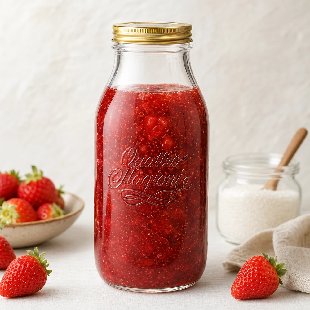 Quattro Stagioni Bottiglia di vetro da 1000 ml riempita di marmellata di fragole, circondata da fragole fresche e latte di vetro