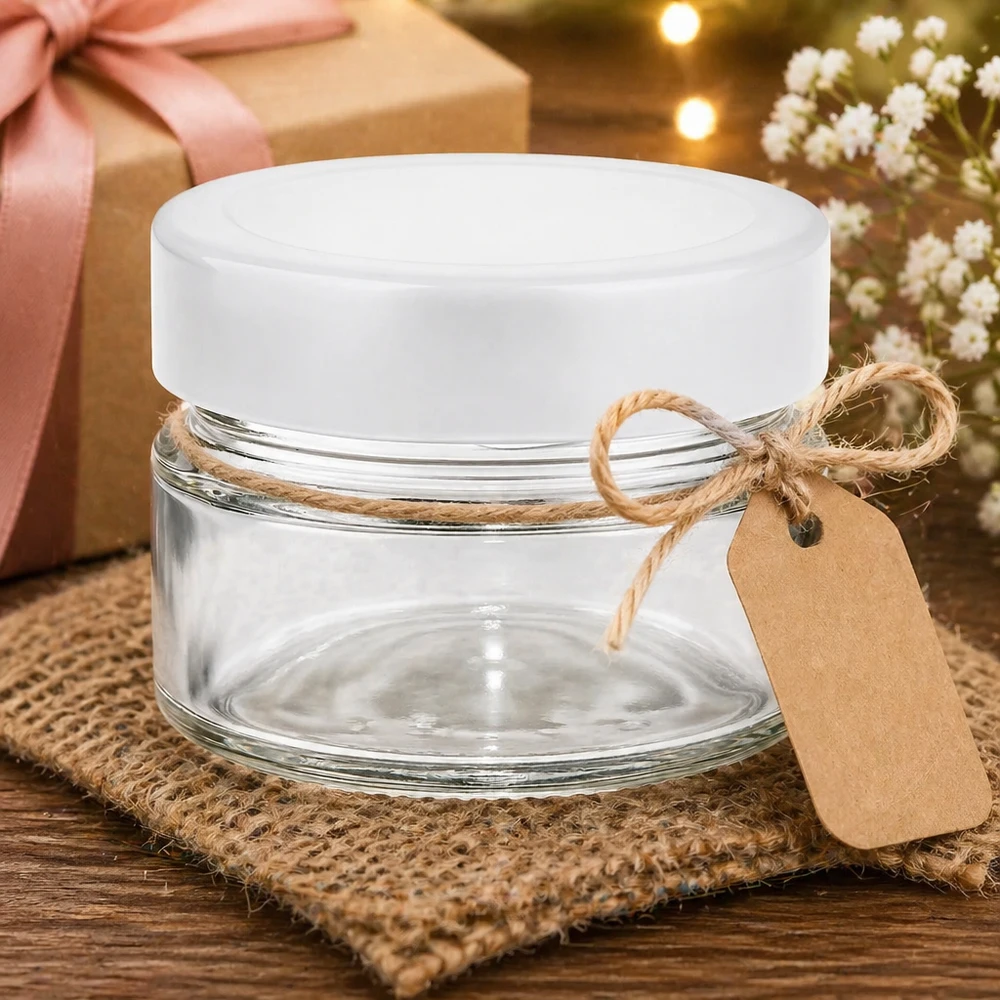 Barattolo rotondo da 80 ml con coperchio BasicSeal bianco profondo UNi... Vasetto rotondo da 80 ml con coperchio bianco presentato in modo decorativo con confezione regalo e banderuola in corda di iuta