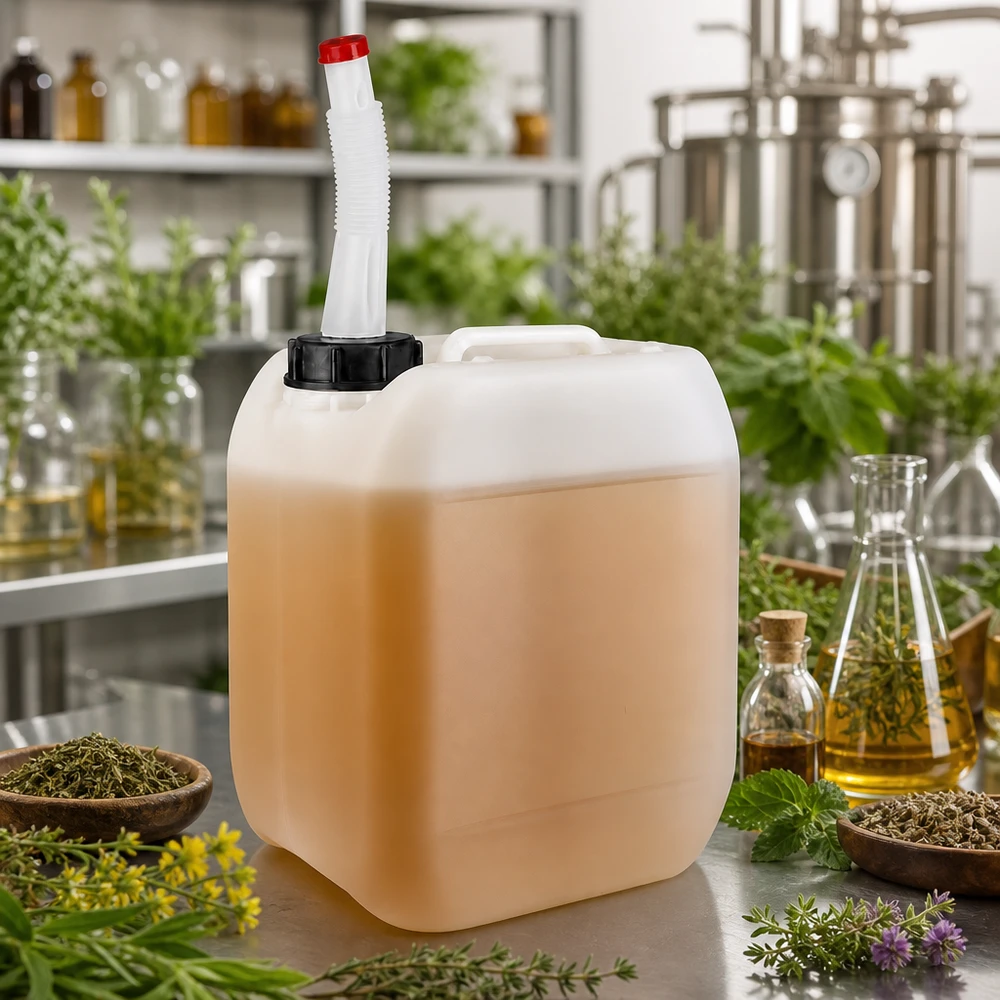 Tanica da 5 litri con tubo di uscita flessibile Contenitore traslucido da 5 litri con beccuccio flessibile, tra erbe aromatiche fresche e distillati