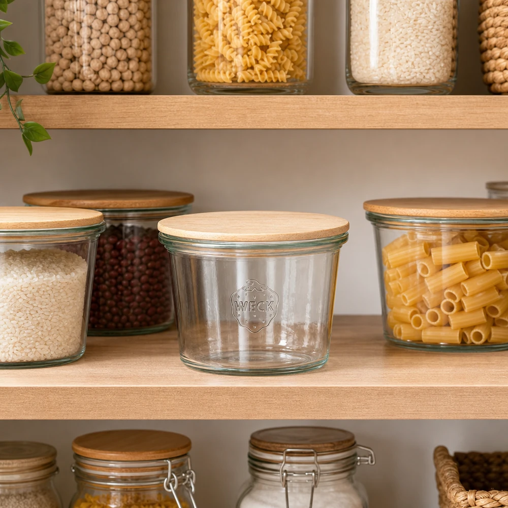 Mini barattolo da 50 ml WECK RR60 con coperchio in legno WECK mini mason jar 50ml vuoto in cucina organizzato tra barattoli di pasta e legumi pieni