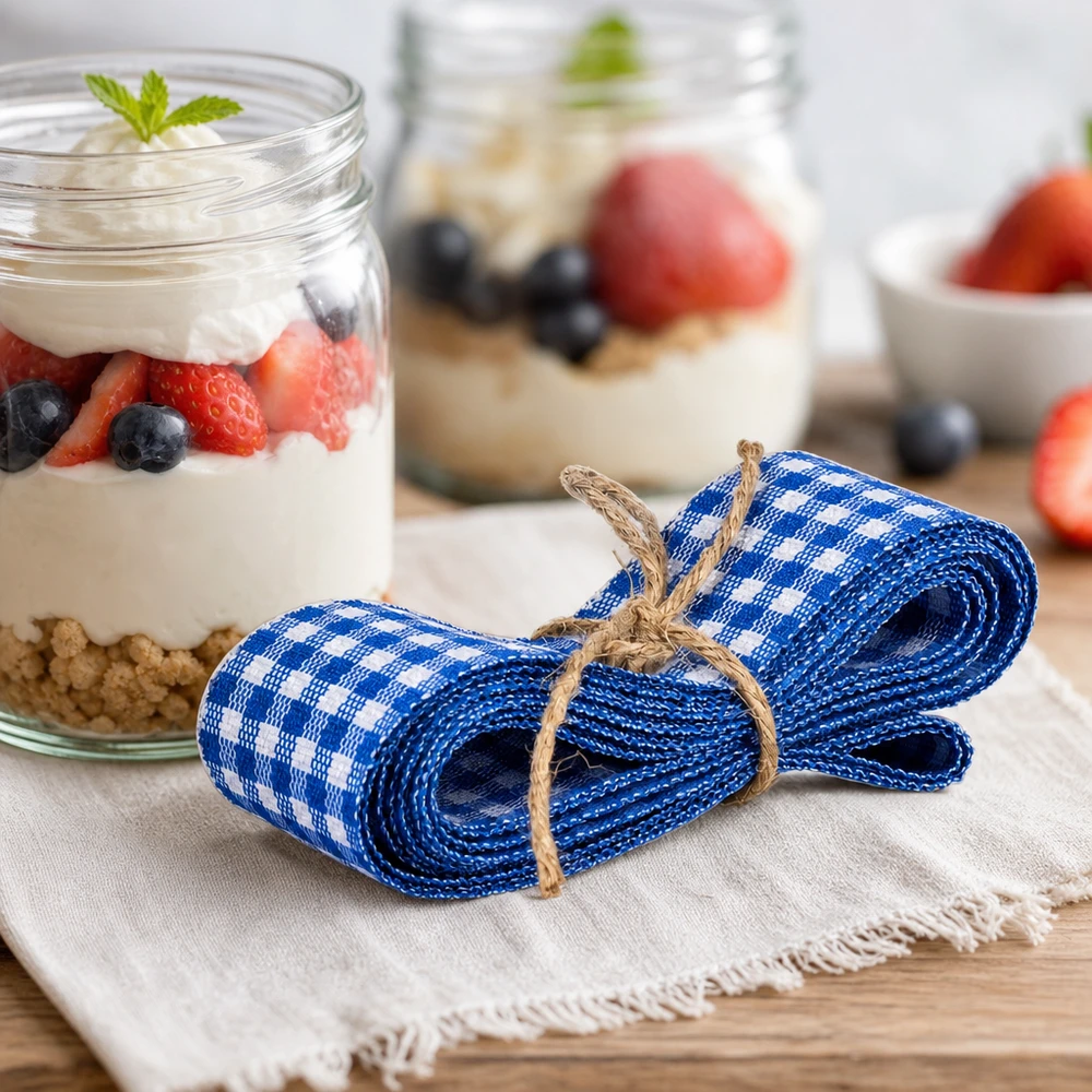 Nastro in tessuto a scacchi blu e bianchi di 300 cm legato in modo decorativo accanto ai bicchieri da dessert con yogurt e frutti di bosco