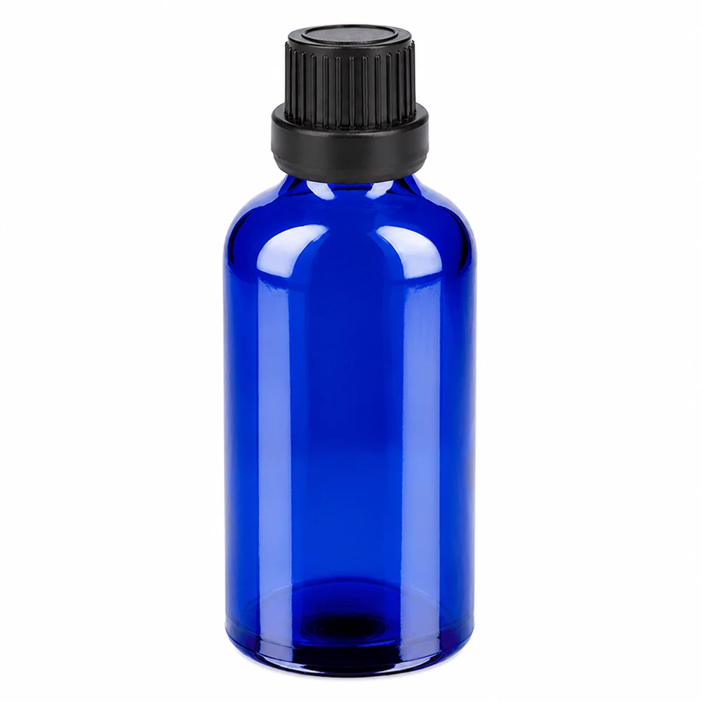 Bottiglia da 50ml 11mm SV nero OV BlueLine UT18/50 Flacone da farmacia da 50 ml in blu intenso con tappo nero scanalato UT18/50