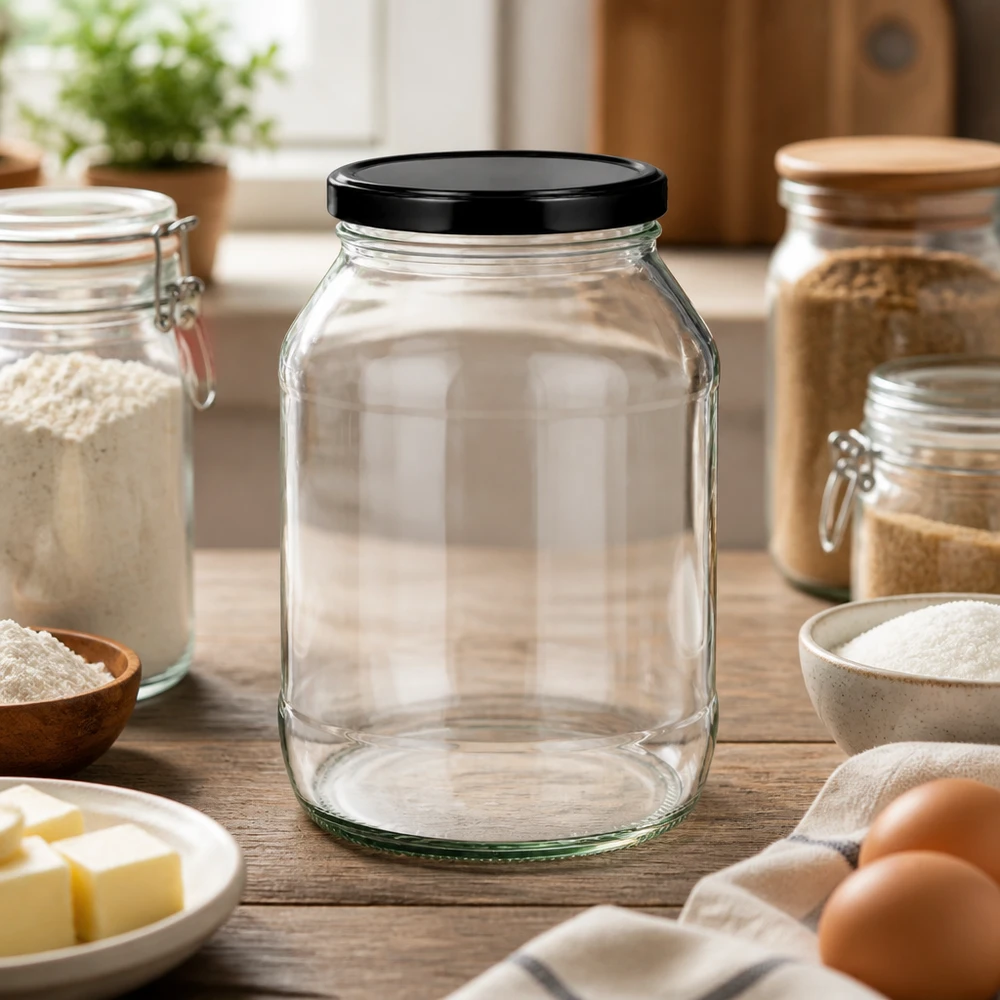 Barattolo rotondo da 2650 ml con coperchio BasicSeal nero UN... Barattolo rotondo da 2650 ml con coperchio nero BasicSeal in ambiente di cucina tra barattoli di stoccaggio e ingredienti da forno