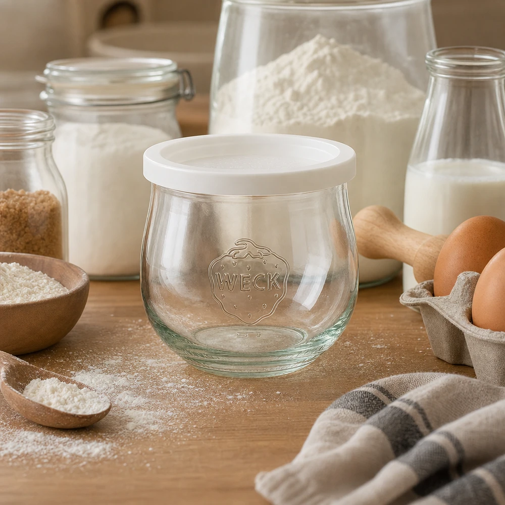Barattolo WECK a tulipano 370ml RR80 con coperchio fresco in scena di cottura con farina, uova e latte su piano di lavoro in legno