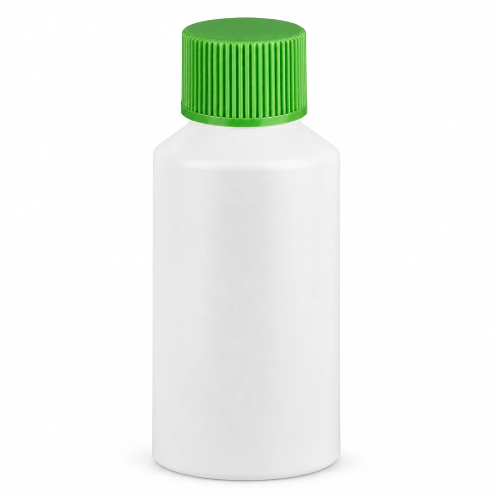 Flacone farmaceutico HDPE 50ml bianco, con tappo verde SV Flacone farmaceutico in HDPE adatto al contatto con gli alimenti, 50 ml, bianco, con tappo a vite verde zigrinato