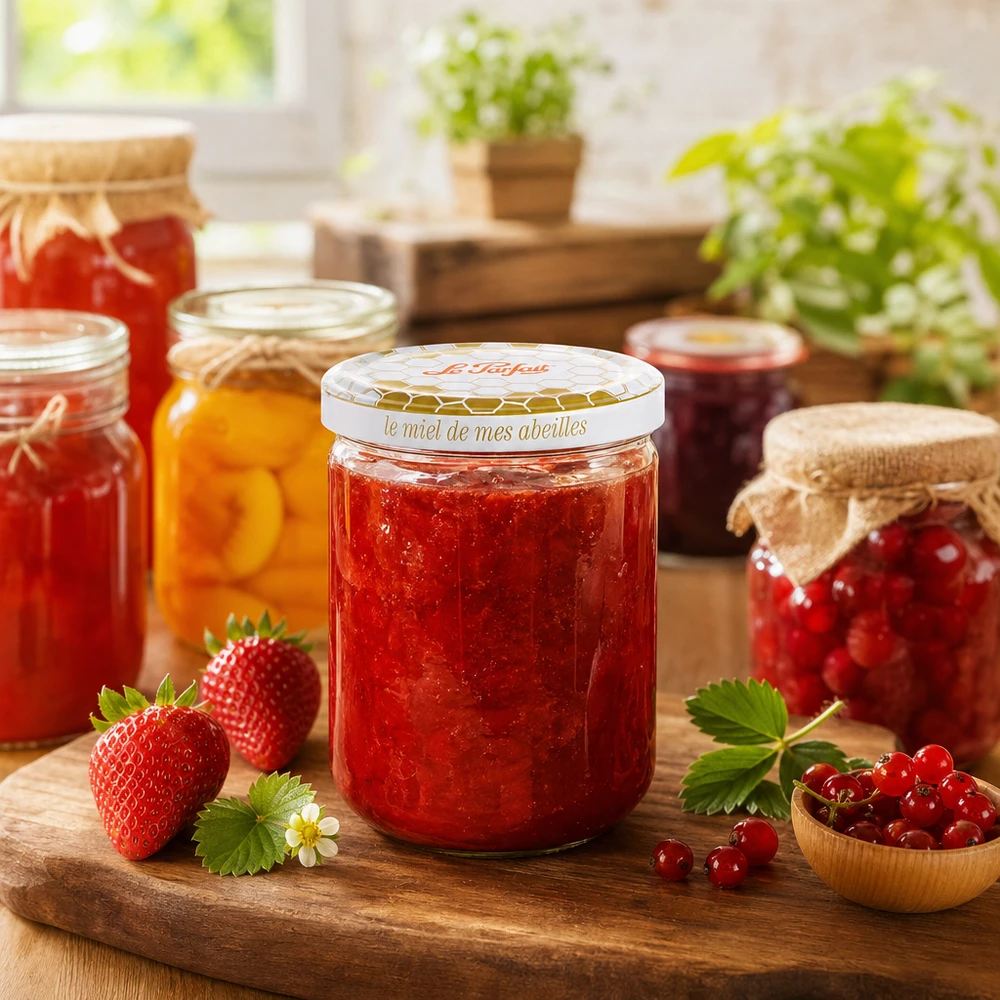 Vasetto Le Parfait Miele 212ml pieno di marmellata rossa accanto a fragole fresche e altri vasetti per conserve