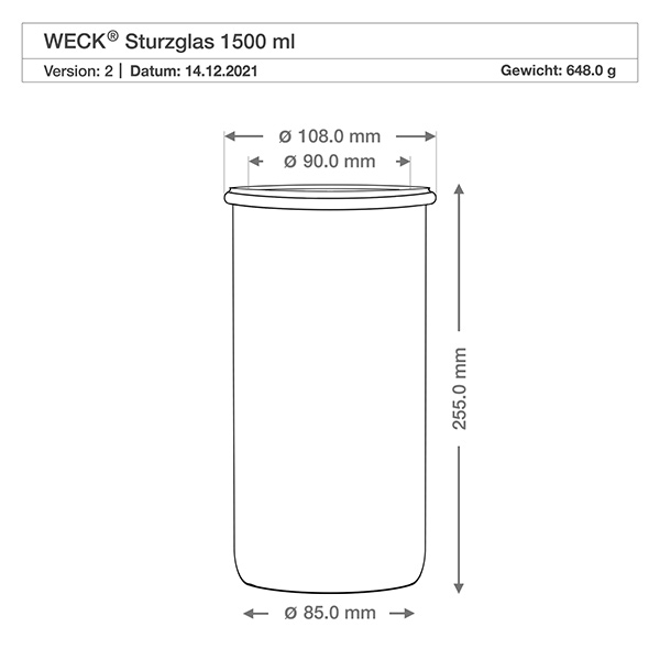 Barattolo di vetro WECK RR100 da 1500 ml Disegno tecnico dei tumbler WECK 1500ml RR100 con dimensioni, diametro 108mm, altezza 255mm, peso 648g