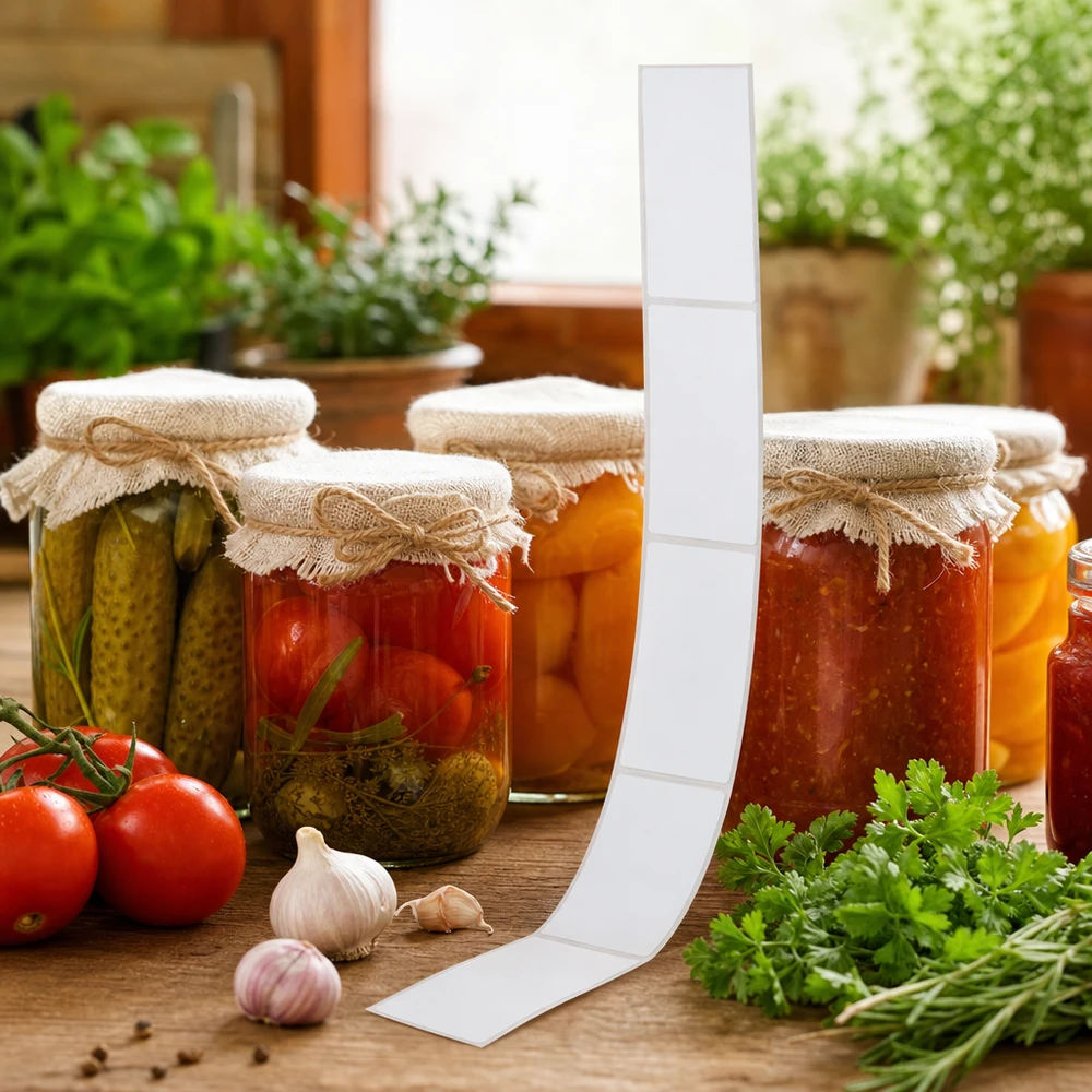 Etichette di etichettatura 54x154,5 mm applicate ai vasetti per conserve e marmellate fatte in casa