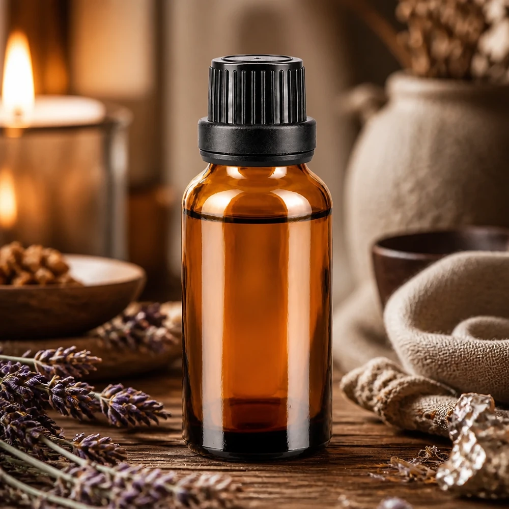 Flacone contagocce marrone 20ml OV nero/2mm ApoGlas Piccola boccetta di vetro marrone da 20 ml con tappo contagocce nero su un tavolino di legno accanto alla lavanda e alla candela