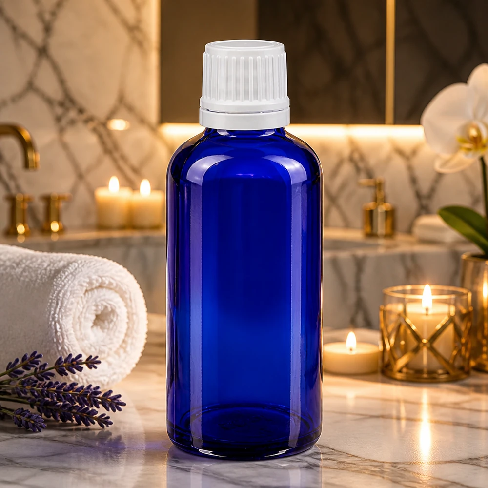 Bottiglia da farmacia blu da 50ml. SV OV bianco/11mm ApoGlas Flacone di vetro blu da 50 ml con tappo di sicurezza per bambini bianco in un lussuoso bagno
